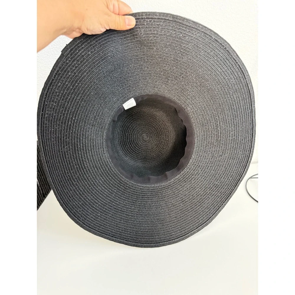 Black Wide Brim Sun Hat Paper Straw Floppy‎ Beach Hat with Ribbon Bow RN17730